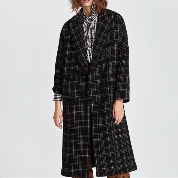 Zara Plaid Checked Double breasted Wool Long Coat Size XS - Picture 5 of 15